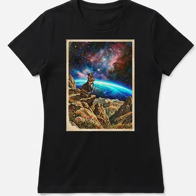 Whimsical design of a tortoiseshell cat magician in cosmic colors — printed on a women's shirt