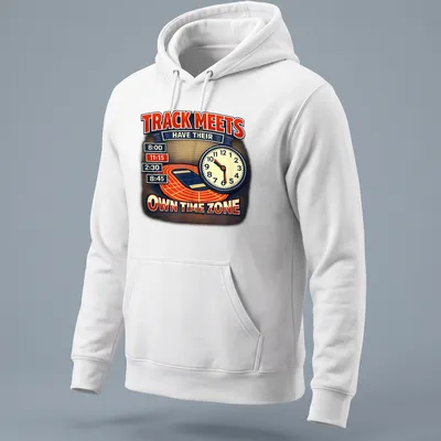 Vintage retro Track Meets Own Time Zone T-shirt with colorful text — printed on a unisex hoodie
