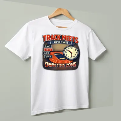 Vintage retro Track Meets Own Time Zone T-shirt with colorful text — printed on a unisex t-shirt (angled view)