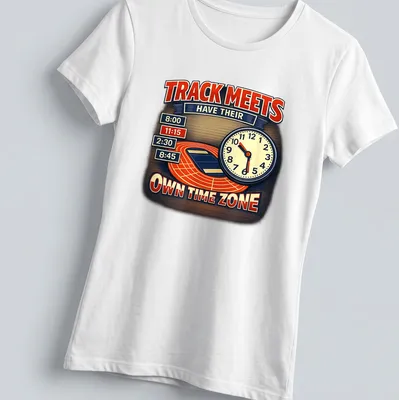 Vintage retro Track Meets Own Time Zone T-shirt with colorful text — printed on a women's shirt