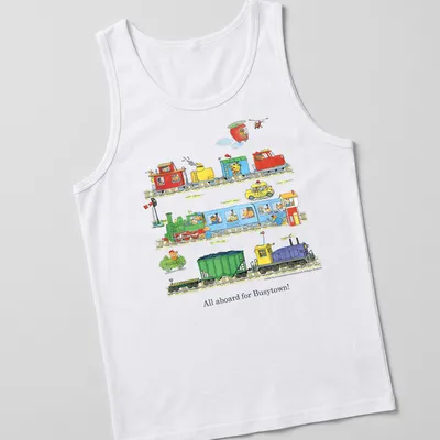Colorful cartoon design of trains with the text All aboard for Busytown! — printed on a tank top