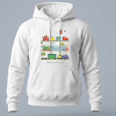 Colorful cartoon design of trains with the text All aboard for Busytown! — printed on a unisex hoodie