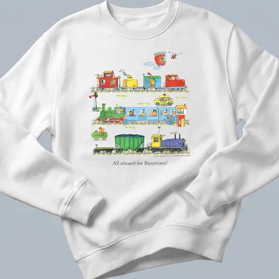 Colorful cartoon design of trains with the text All aboard for Busytown! — printed on a unisex sweatshirt