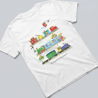 Colorful cartoon design of trains with the text All aboard for Busytown!