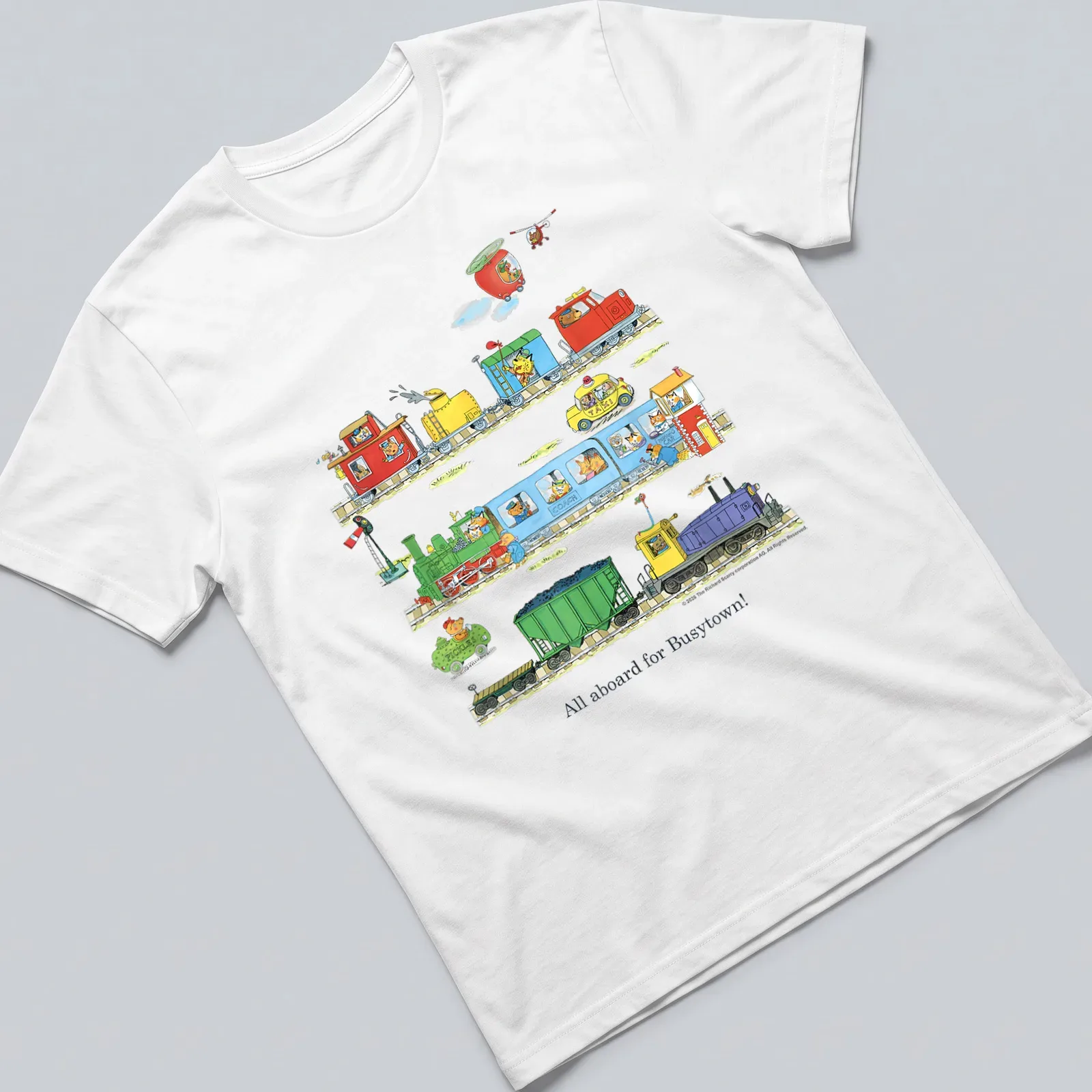Colorful cartoon design of trains with the text All aboard for Busytown! — printed on a unisex t-shirt