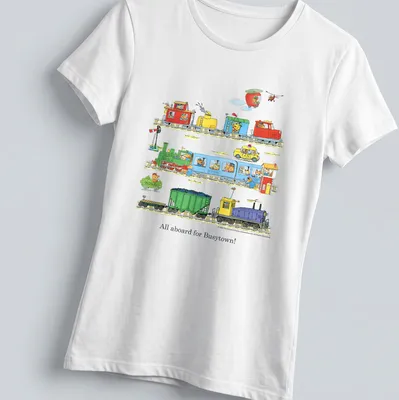 Colorful cartoon design of trains with the text All aboard for Busytown! — printed on a women's shirt