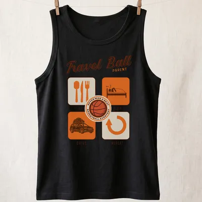 Modern graphic T-shirt for basketball parents with playful text and colors — printed on a tank top