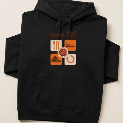 Modern graphic T-shirt for basketball parents with playful text and colors — printed on a unisex hoodie