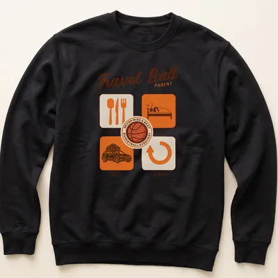 Modern graphic T-shirt for basketball parents with playful text and colors — printed on a unisex sweatshirt