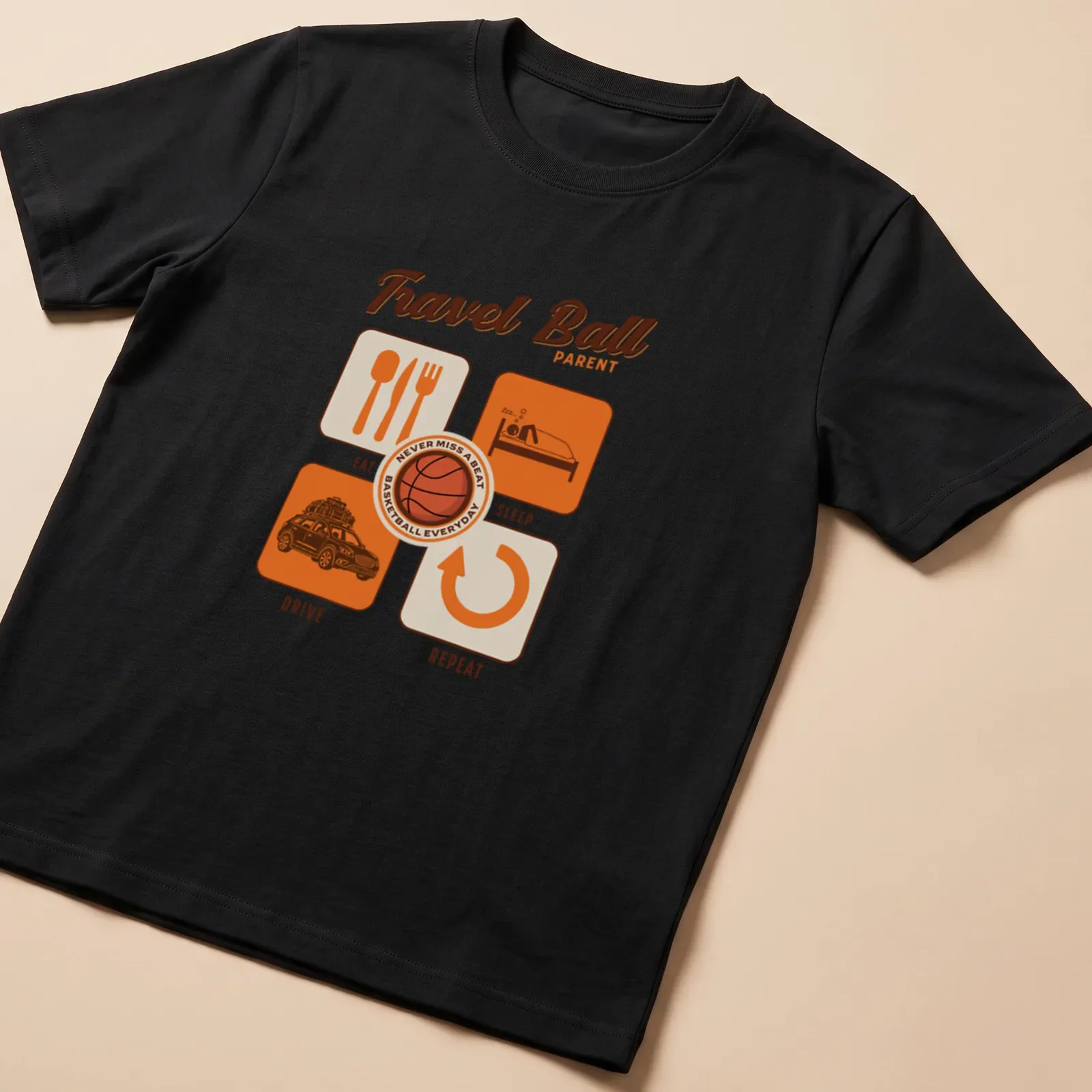 Modern graphic T-shirt for basketball parents with playful text and colors — printed on a unisex t-shirt