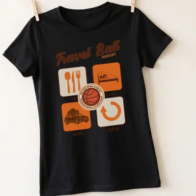 Modern graphic T-shirt for basketball parents with playful text and colors — printed on a women's shirt