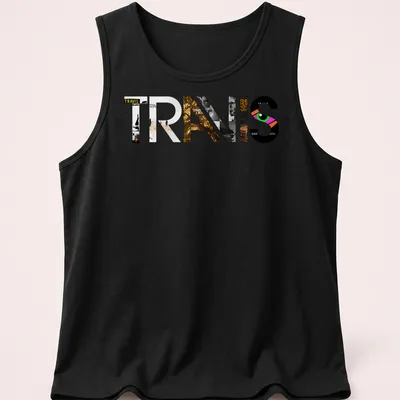 Modern collage Travis logo T-shirt in black, white, gold, pink, and green — printed on a tank top