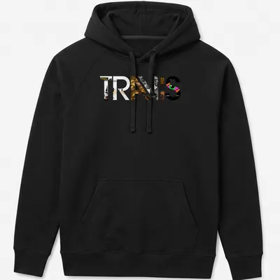 Modern collage Travis logo T-shirt in black, white, gold, pink, and green — printed on a unisex hoodie