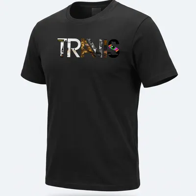 Modern collage Travis logo T-shirt in black, white, gold, pink, and green