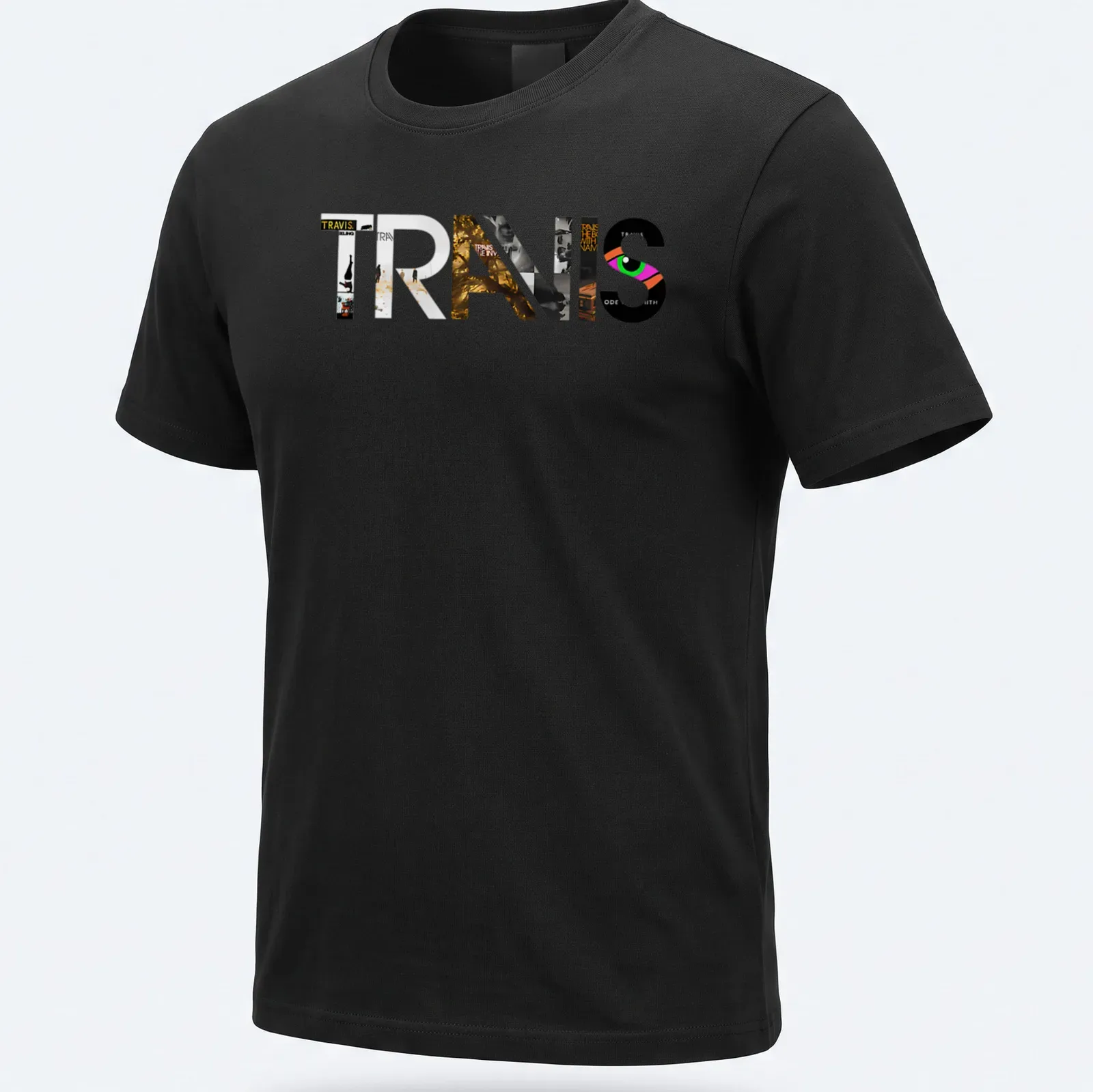 Modern collage Travis logo T-shirt in black, white, gold, pink, and green — printed on a unisex t-shirt