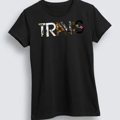 Modern collage Travis logo T-shirt in black, white, gold, pink, and green — printed on a women's shirt