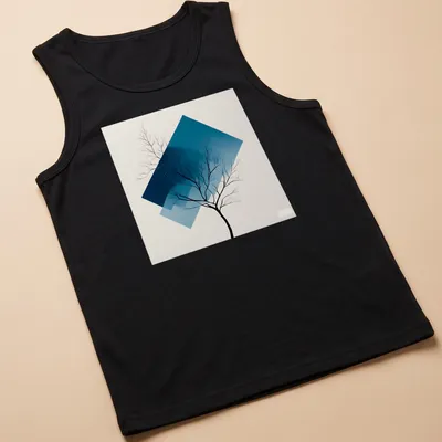 Tree silhouette in black against a blue gradient background, modern abstract style — printed on a tank top