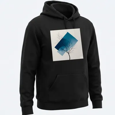 Tree silhouette in black against a blue gradient background, modern abstract style — printed on a unisex hoodie