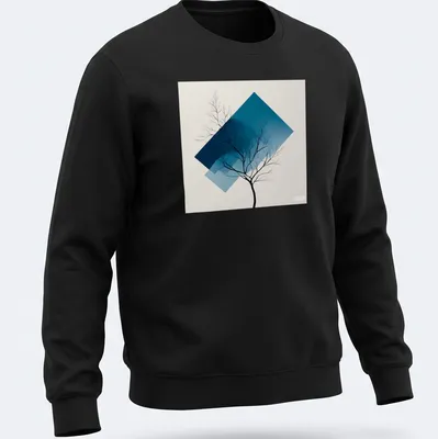 Tree silhouette in black against a blue gradient background, modern abstract style — printed on a unisex sweatshirt