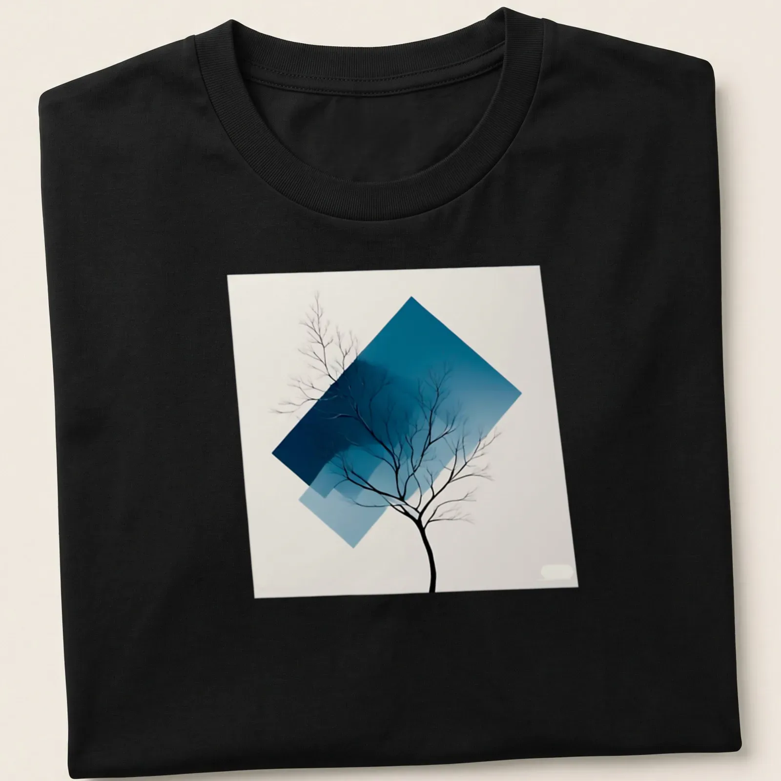 Tree silhouette in black against a blue gradient background, modern abstract style — printed on a unisex t-shirt
