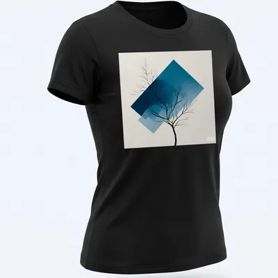 Tree silhouette in black against a blue gradient background, modern abstract style — printed on a women's shirt