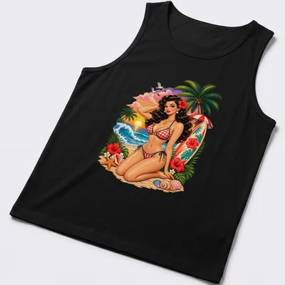 Vintage T-shirt featuring a Tropical Beach Pin Up Girl in retro colors — printed on a tank top