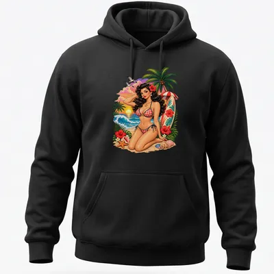 Vintage T-shirt featuring a Tropical Beach Pin Up Girl in retro colors — printed on a unisex hoodie