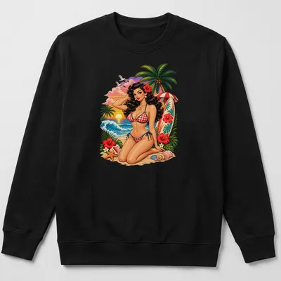 Vintage T-shirt featuring a Tropical Beach Pin Up Girl in retro colors — printed on a unisex sweatshirt