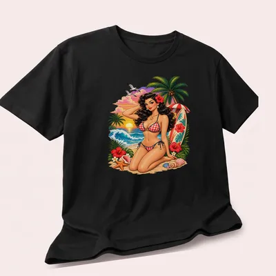 Vintage T-shirt featuring a Tropical Beach Pin Up Girl in retro colors — printed on a unisex t-shirt (angled view)