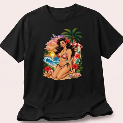 Vintage T-shirt featuring a Tropical Beach Pin Up Girl in retro colors