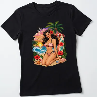 Vintage T-shirt featuring a Tropical Beach Pin Up Girl in retro colors — printed on a women's shirt