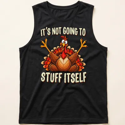 Cartoon turkey with humorous text about stuffing on a colorful Thanksgiving tee. — printed on a tank top