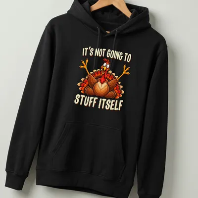 Cartoon turkey with humorous text about stuffing on a colorful Thanksgiving tee. — printed on a unisex hoodie