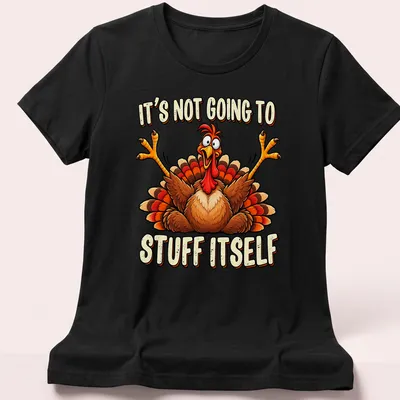 Cartoon turkey with humorous text about stuffing on a colorful Thanksgiving tee. — printed on a women's shirt