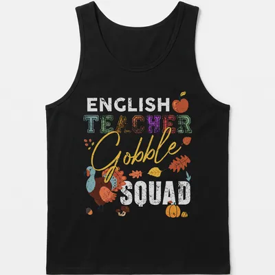Playful turkey illustration with colorful text 'TEACHER Gobble' for Thanksgiving — printed on a tank top