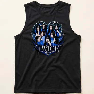 Bold graphic t-shirt featuring TWICE logo and heart shape in blue, black, and white — printed on a tank top