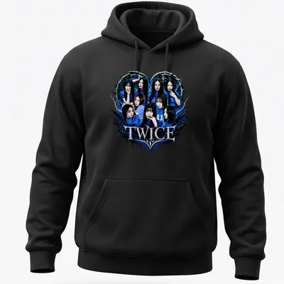 Bold graphic t-shirt featuring TWICE logo and heart shape in blue, black, and white — printed on a unisex hoodie