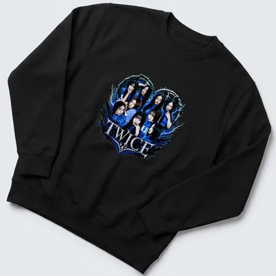 Bold graphic t-shirt featuring TWICE logo and heart shape in blue, black, and white — printed on a unisex sweatshirt