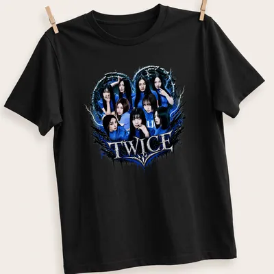 Bold graphic t-shirt featuring TWICE logo and heart shape in blue, black, and white
