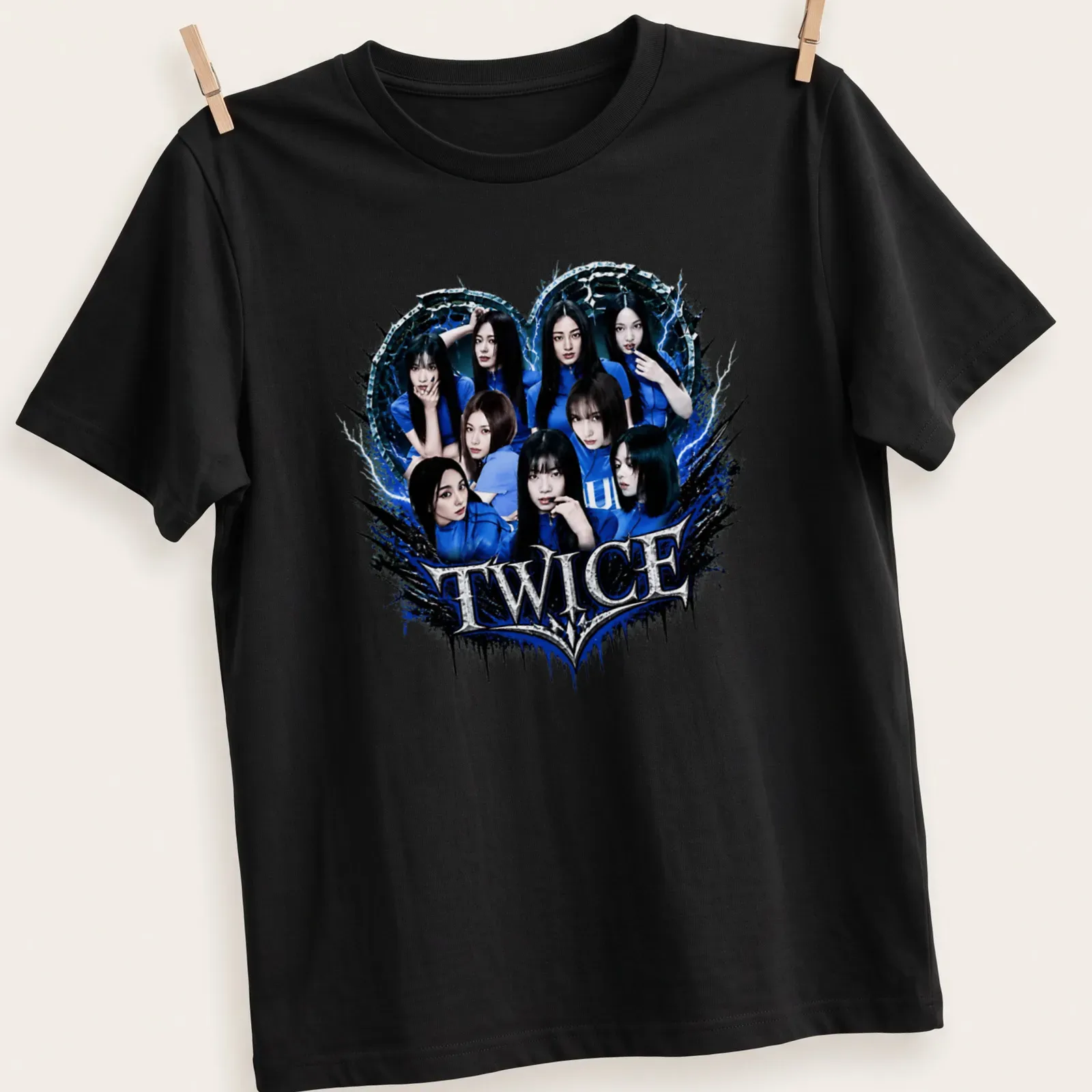 Bold graphic t-shirt featuring TWICE logo and heart shape in blue, black, and white — printed on a unisex t-shirt
