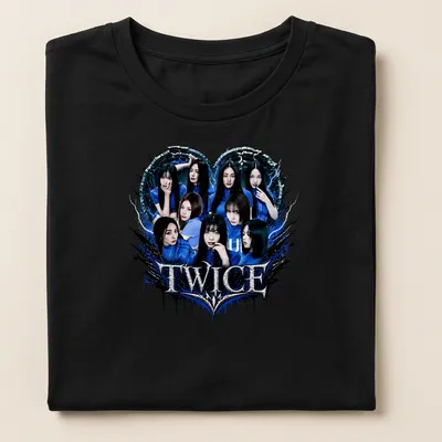 Bold graphic t-shirt featuring TWICE logo and heart shape in blue, black, and white — printed on a women's shirt