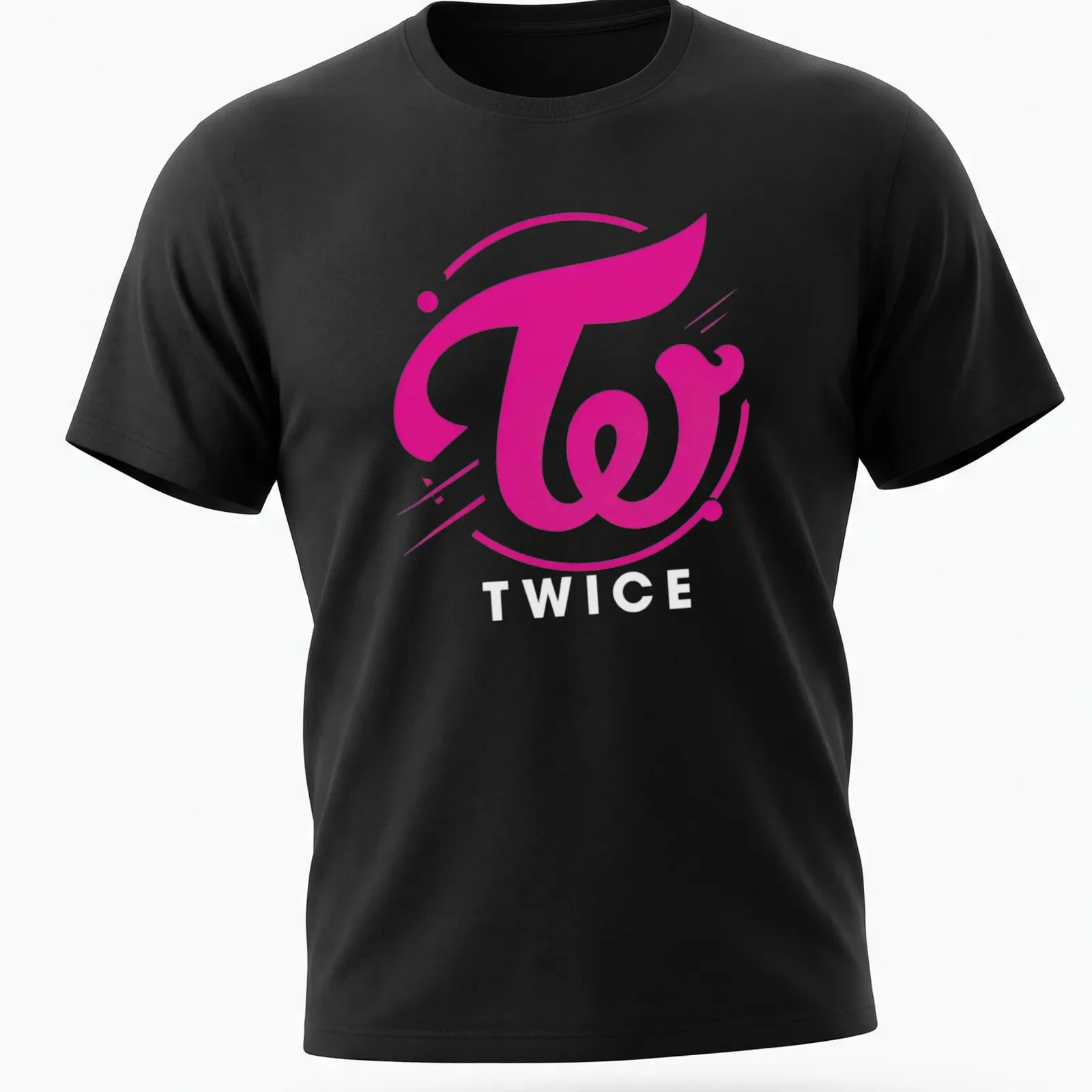 Modern bold Twice logo T-shirt in pink and white colors — printed on a unisex t-shirt