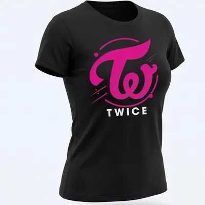 Modern bold Twice logo T-shirt in pink and white colors — printed on a women's shirt