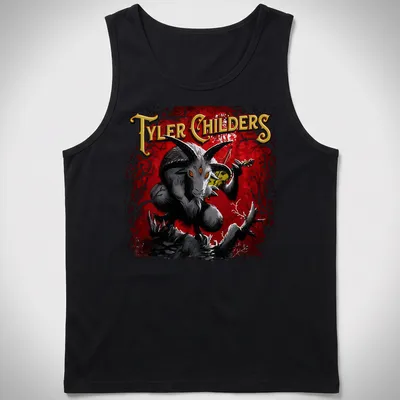 Illustration of a goat with Tyler Childers text in red, black, white, and yellow — printed on a tank top