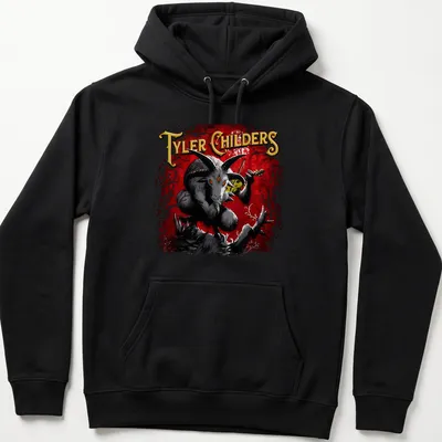 Illustration of a goat with Tyler Childers text in red, black, white, and yellow — printed on a unisex hoodie