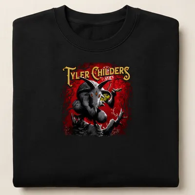 Illustration of a goat with Tyler Childers text in red, black, white, and yellow — printed on a unisex sweatshirt