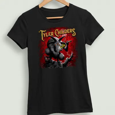 Illustration of a goat with Tyler Childers text in red, black, white, and yellow — printed on a women's shirt