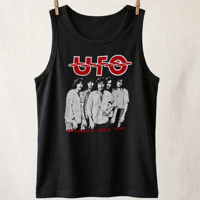 Line-art illustration of the UFO American Tour 1980 with bold lettering — printed on a tank top