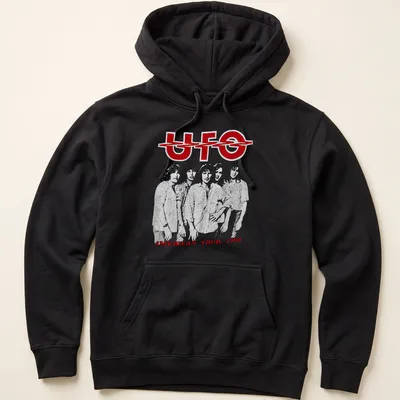 Line-art illustration of the UFO American Tour 1980 with bold lettering — printed on a unisex hoodie