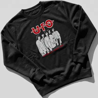 Line-art illustration of the UFO American Tour 1980 with bold lettering — printed on a unisex sweatshirt